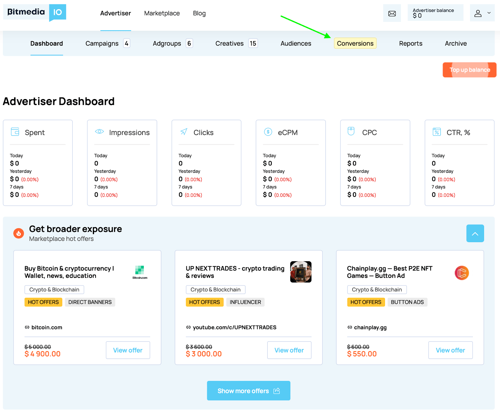 Advertiser's dashboard conversion section