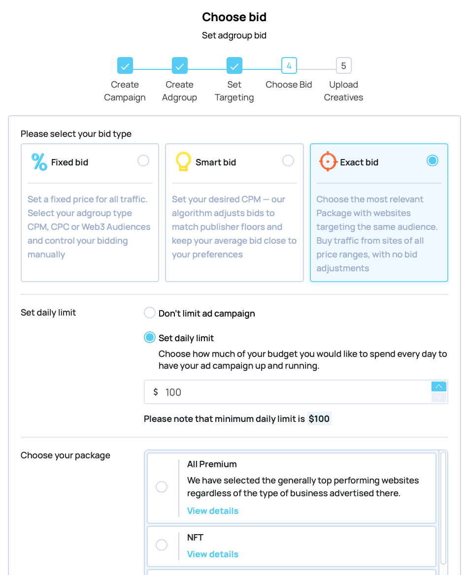 Choose package exact bid