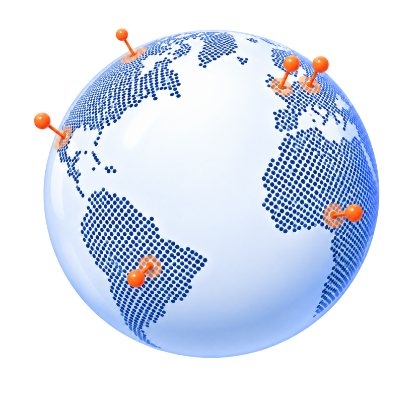 3D globe illustration with orange pins marking target GEOs