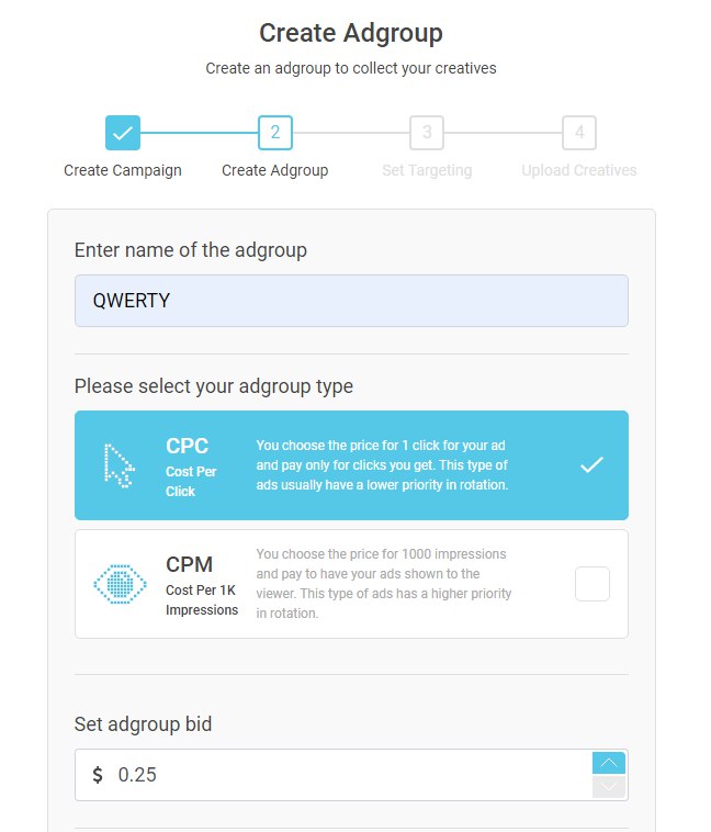 create Ad Group cpc cpm