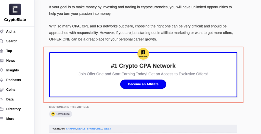 Example of sponsored content on CryptoSlate with an affiliate link at the bottom