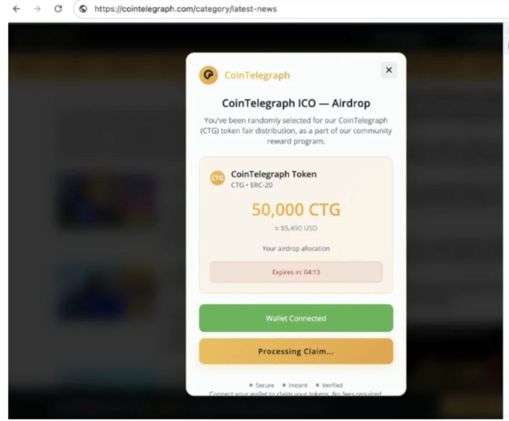 The malicious pop-up on CoinTelegraph. Source: Help Net Security