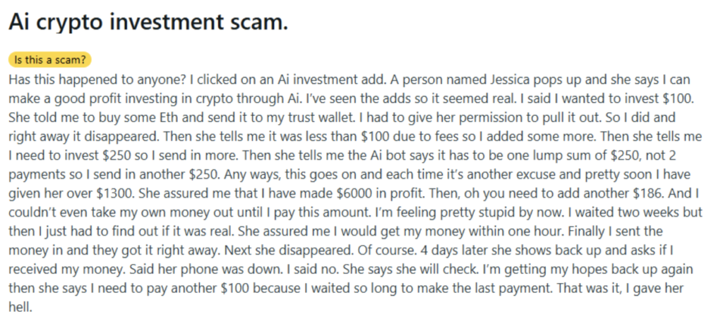 A Reddit user shared about an AI crypto investment scam. Source: Reddit