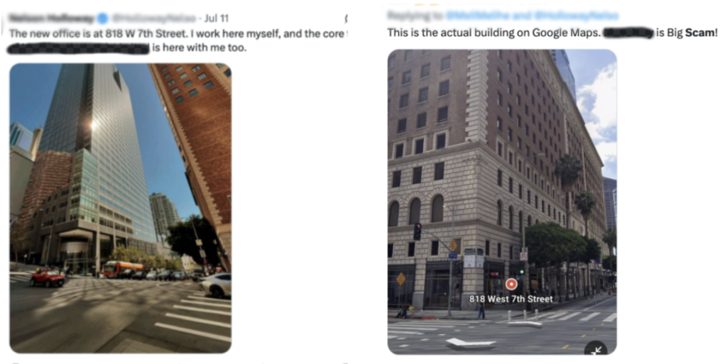 The same building, the same address: polished AI version vs reality. P.S. Both buildings exist, but do not have the same physical address