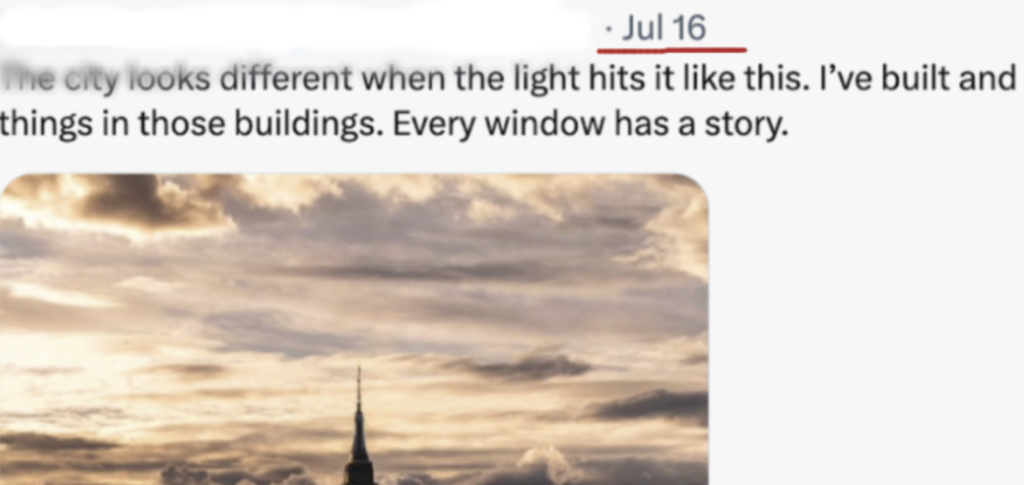 Both profiles were created around mid-July 2025, and their first posts featured images of office buildings.