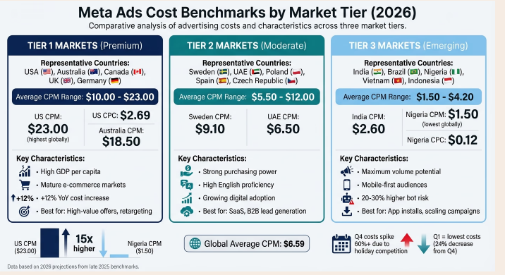 Meta Ads CPM and CPC Benchmarks Source: Market Tier