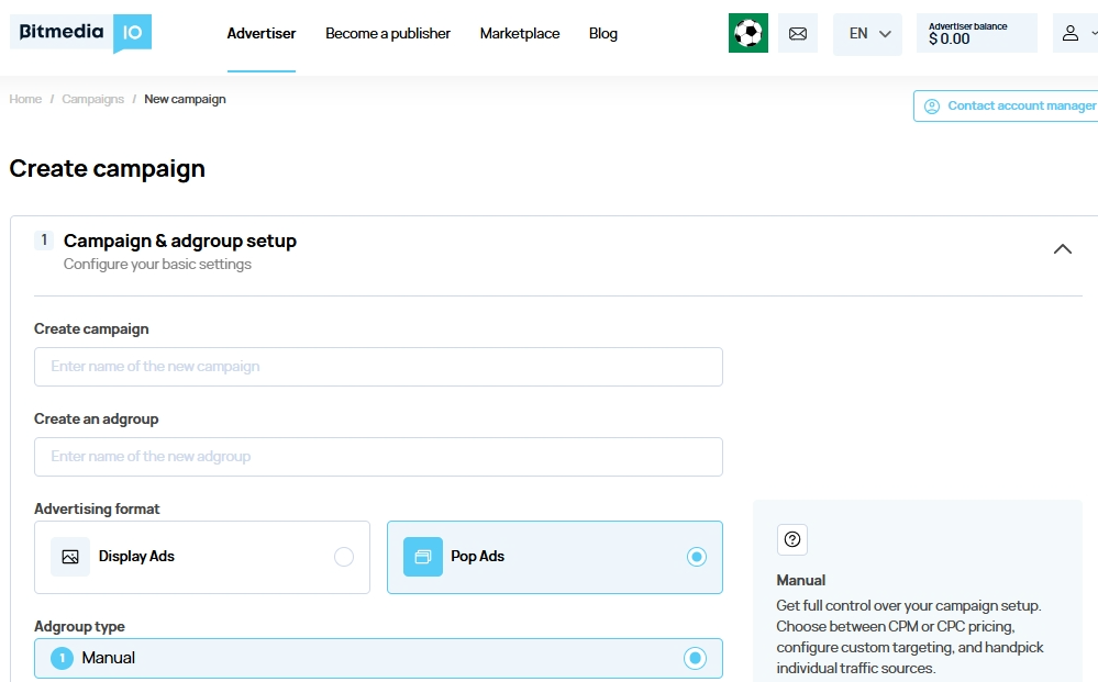 Pop Ads format, Source: Bitmedia's dashboard